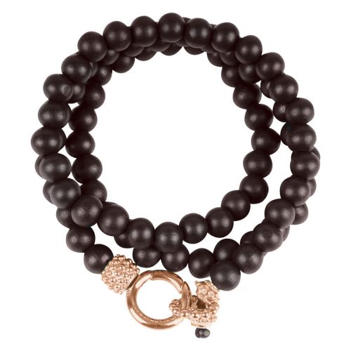 Unisex Armband aus schwarzen Ebenholzkugeln mit goldfarbener Schließe auf weißem Hintergrund