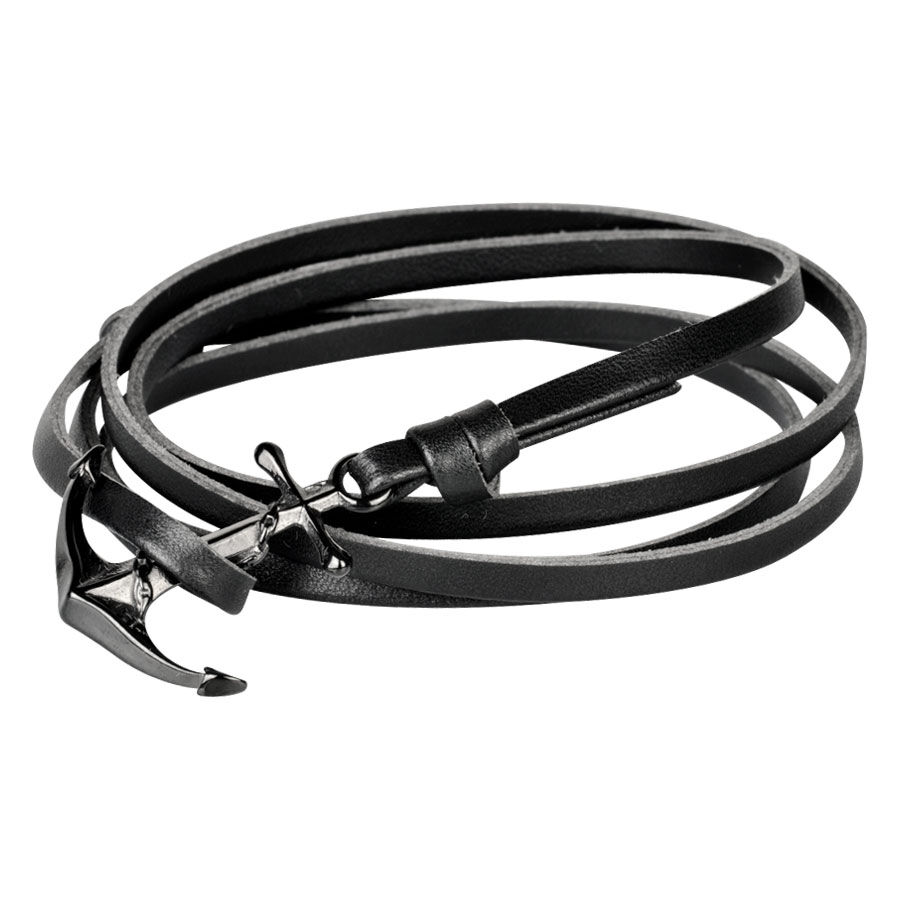 Schwarzes Lederarmband mit Anker aus Chirurgenstahl auf weißem Hintergrund