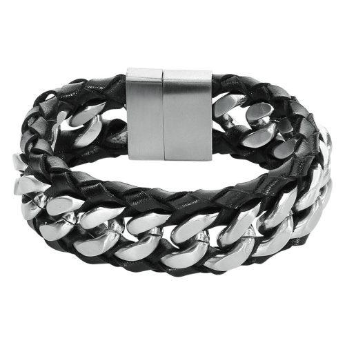 Schwarzes Lederarmband mit silbernen Edelstahlketten und Magnetverschluss auf weißem Hintergrund