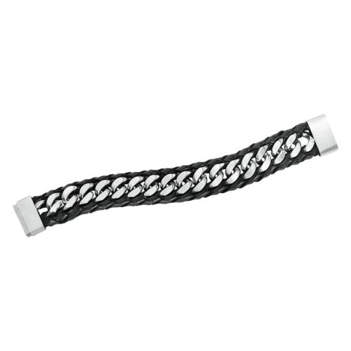 Schwarzes Lederarmband mit silbernen Edelstahlkettenelementen auf weißem Hintergrund