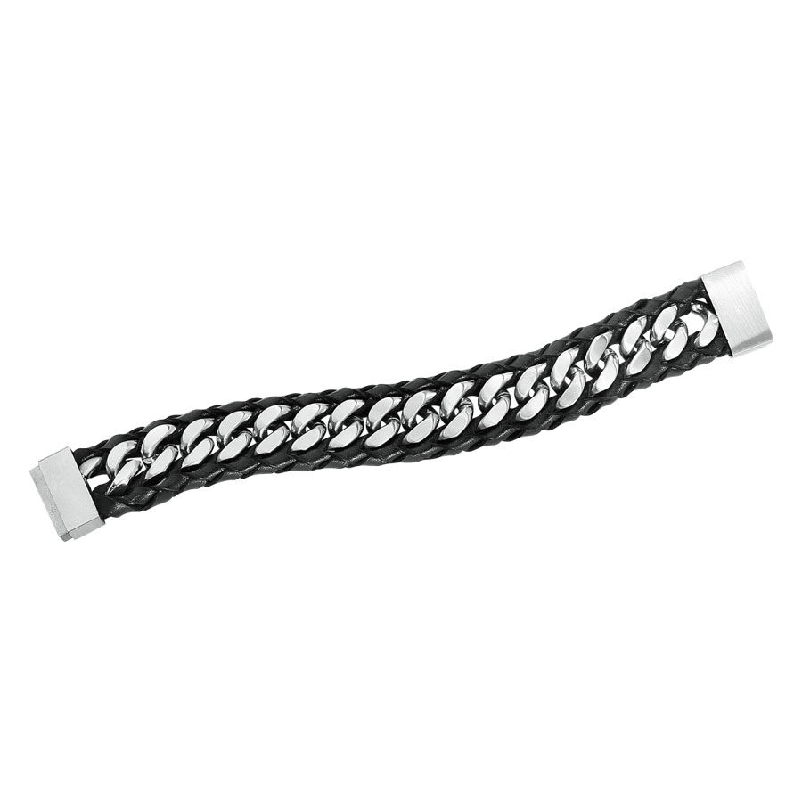 Schwarzes Lederarmband mit silbernen Edelstahlkettenelementen auf weißem Hintergrund