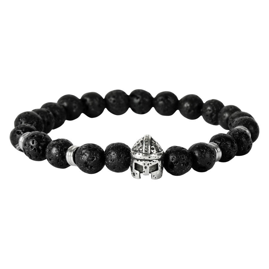Armband mit schwarzen Lava-Perlen und silbernem Wikingerhelm auf weißem Hintergrund