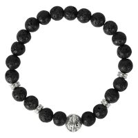 Schwarzes Armband mit runden Steinperlen und silbernem Helm-Element auf weißem Hintergrund