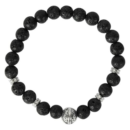 Schwarzes Armband mit runden Steinperlen und silbernem Helm-Element auf weißem Hintergrund
