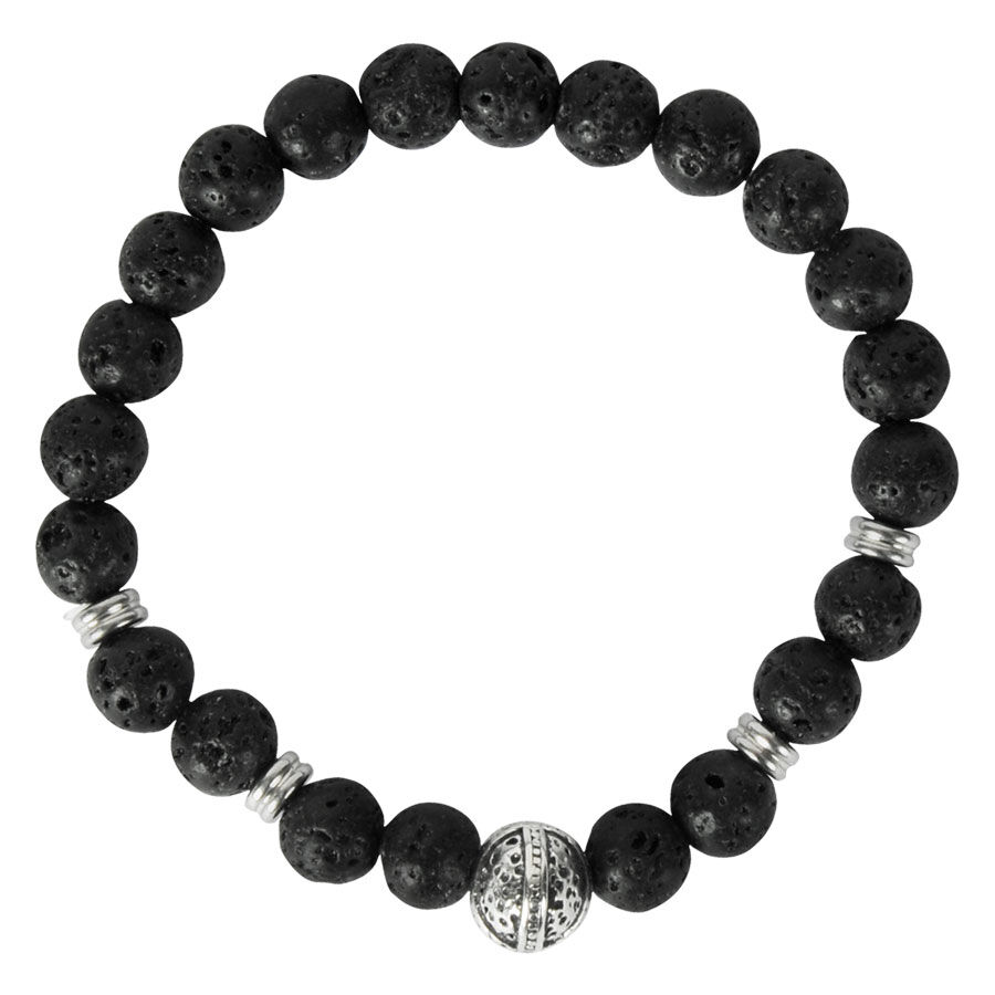 Schwarzes Armband mit runden Steinperlen und silbernem Helm-Element auf weißem Hintergrund