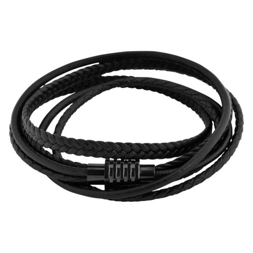 Schwarzes, geflochtenes Lederarmband mit Edelstahlverschluss auf weißem Hintergrund