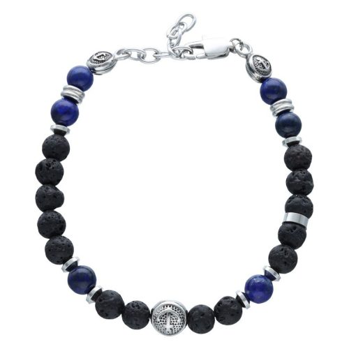 Schwarzes und blaues Armband mit Anker und Lavaperlen auf weißem Hintergrund