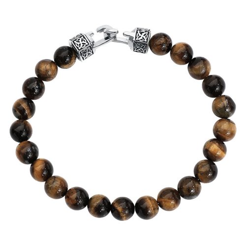 Unisex Armband aus braunem Tigerauge mit Edelstahlverschluss auf weißem Hintergrund