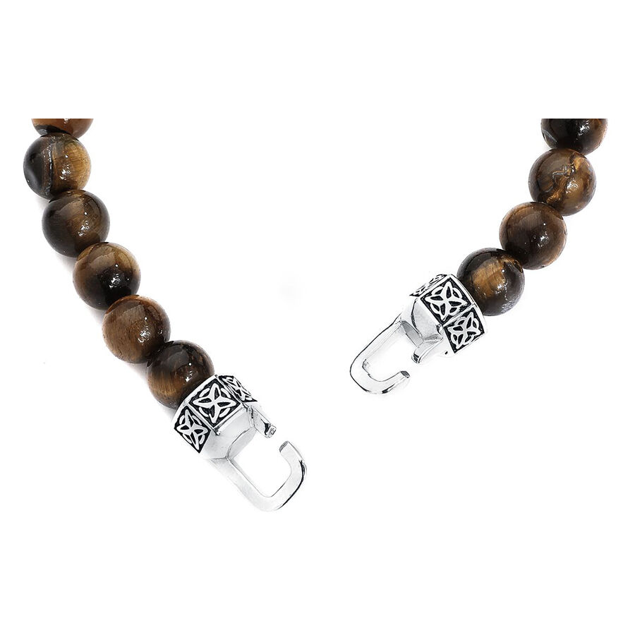 Armband mit braunen Steinen und silbernem Verschluss auf weißem Hintergrund