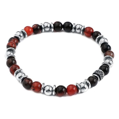 Armband aus rot-schwarzen Steinen und silbernem Chirurgenstahl auf weißem Hintergrund