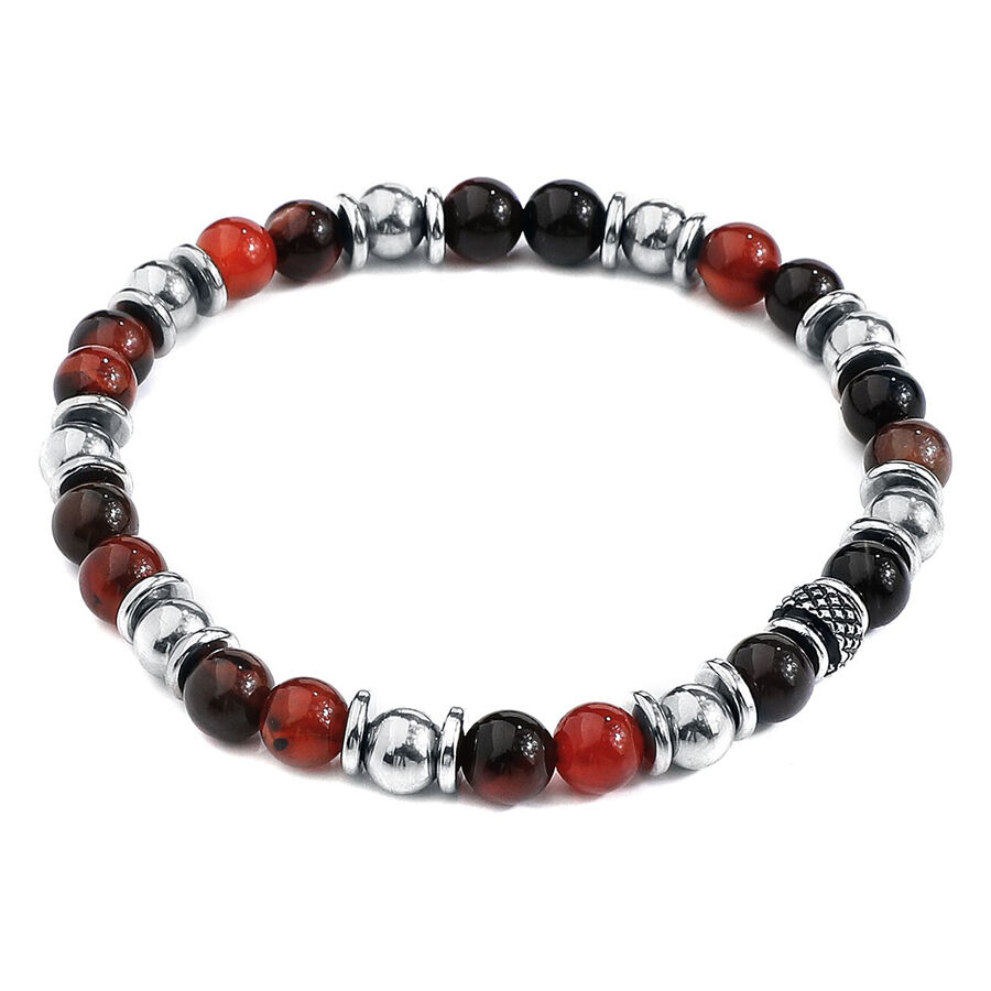 Armband aus rot-schwarzen Steinen und silbernem Chirurgenstahl auf weißem Hintergrund