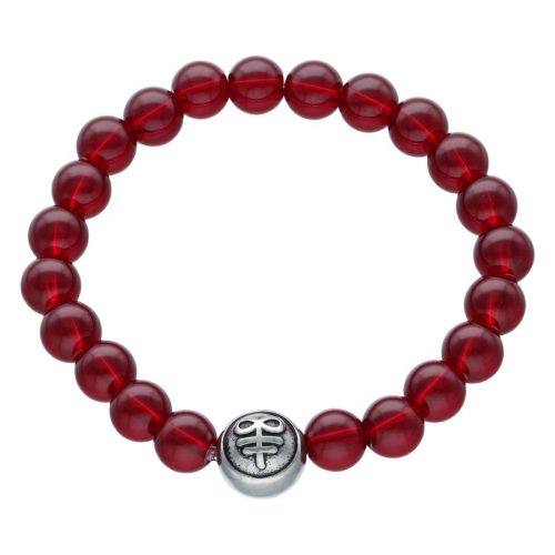 Rotes Bloody Leviathan Knot Armband aus Kunstleder auf weißem Hintergrund