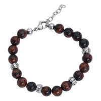 Mahagony braunes Armband mit Chirurgenstahl, rote und schwarze Perlen, silberne Details