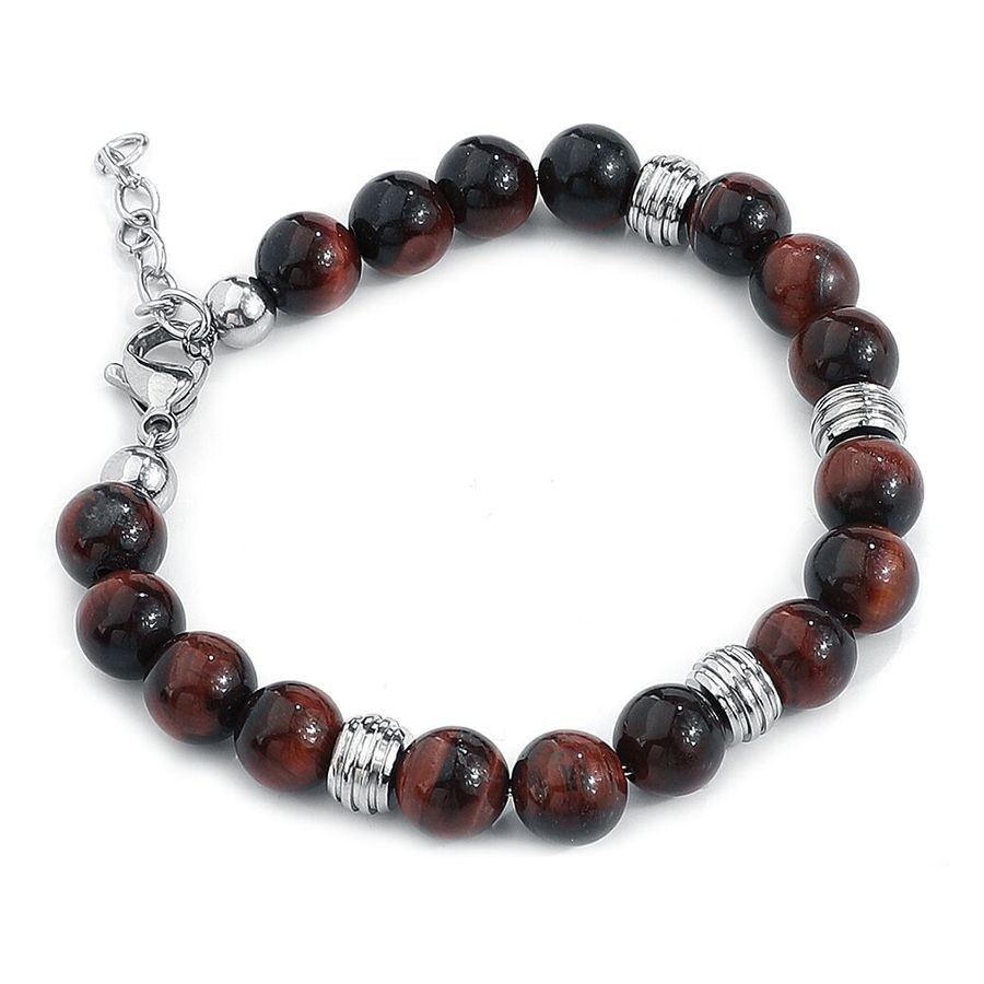 Unisex Armband aus braunen Steinen und silbernen Elementen auf weißem Hintergrund