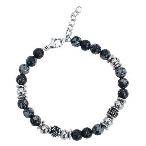 Schwarzes Armband mit Steinen und Chirurgenstahl-Perlen auf weißem Hintergrund