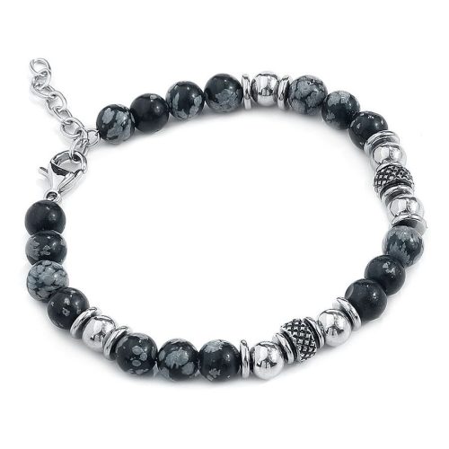 Clastic Rock Armband mit schwarzen und silbernen Perlen auf weißem Hintergrund