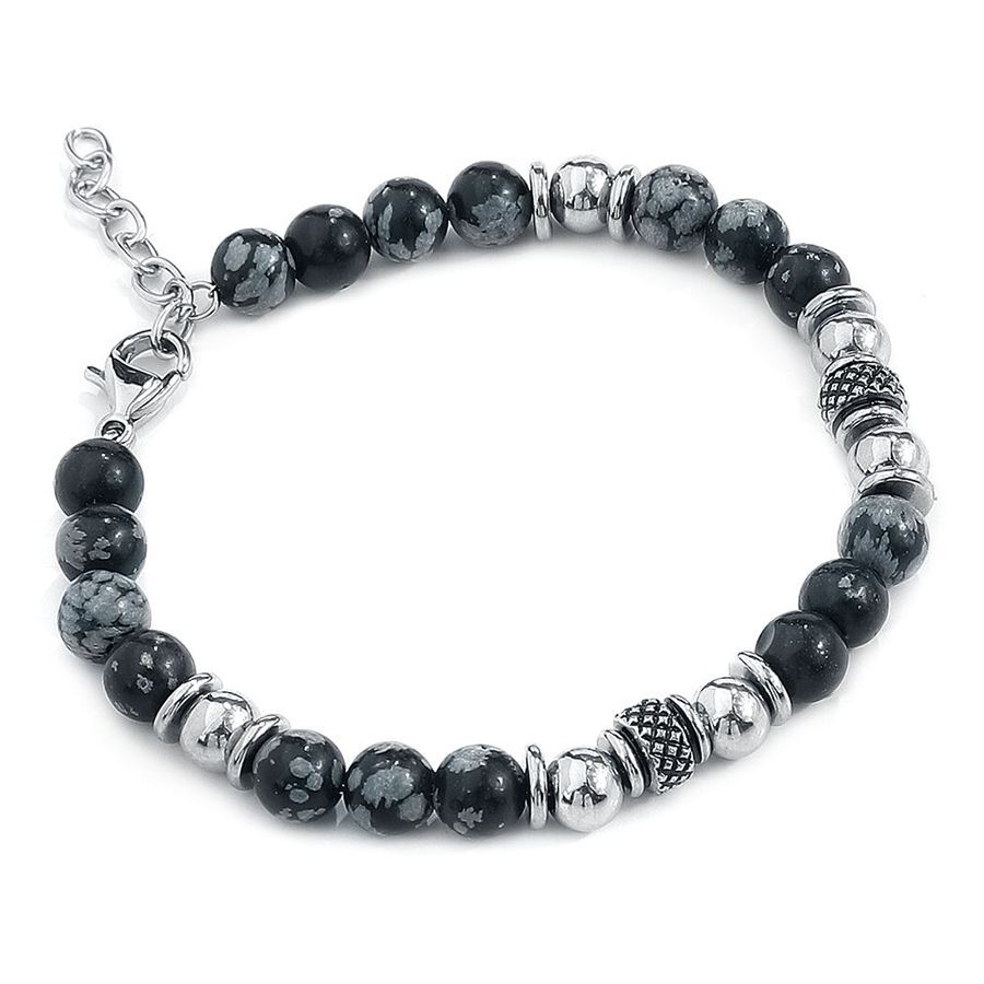 Clastic Rock Armband mit schwarzen und silbernen Perlen auf weißem Hintergrund