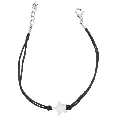 Schwarzes Nylonarmband mit silbernem Sternanhänger auf weißem Hintergrund