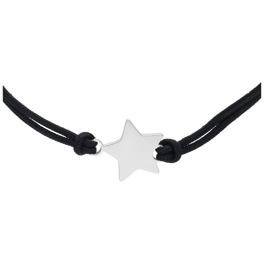 Schwarzes Nylonarmband mit silbernem Stern auf weißem Hintergrund