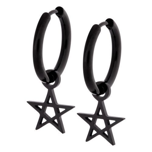 Zwei schwarze Edelstahl-Ohrringe mit Pentagramm-Anhänger auf weißem Hintergrund