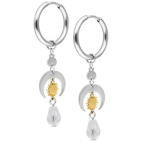 Silberne Edelstahl-Ohrringe mit goldenen Details und Kristallanhänger