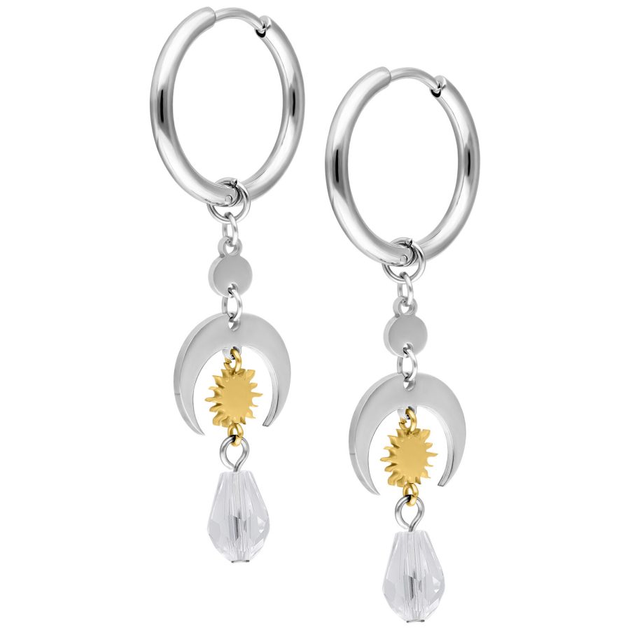 Silberne Edelstahl-Ohrringe mit goldenen Details und Kristallanhänger