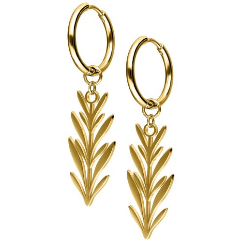 Goldene Ohrringe mit Blattanhängern auf weißem Hintergrund