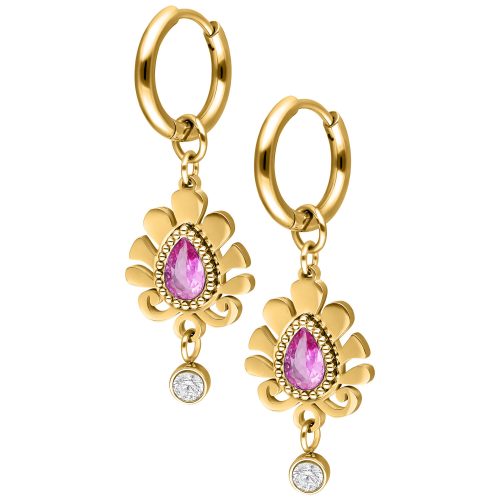 Goldene Ohrringe mit rosa tropfenförmigem Stein und Zirkonia-Anhänger auf weißem Hintergrund