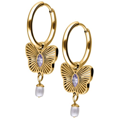 Goldene Ohrringe mit Schmetterlingsanhänger, lila Kristall und Perle