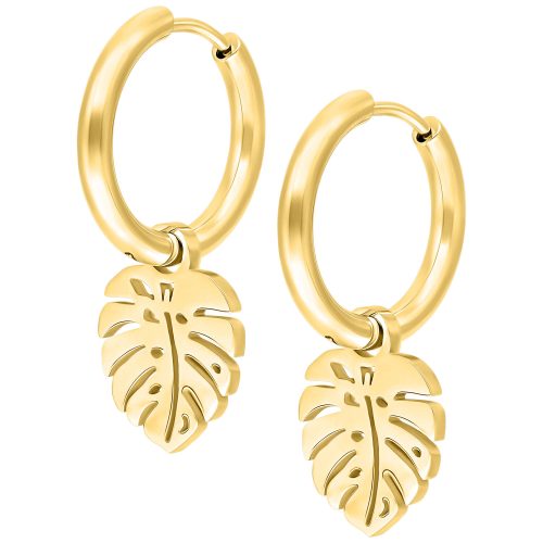 Goldene Monstera-Blatt-Ohrringe aus Chirurgenstahl auf weißem Hintergrund