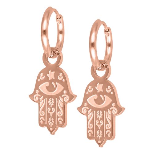 Roségoldene Creolen mit Hamsa Hand Anhänger auf weißem Hintergrund