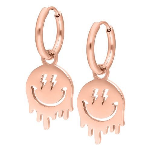 Zwei roségoldene Creolen mit Smiley-Anhängern auf weißem Hintergrund