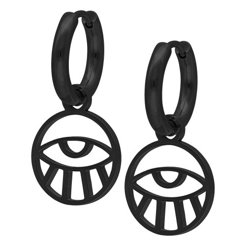 Schwarze Ohrringe mit Auge-Motiv auf weißem Hintergrund