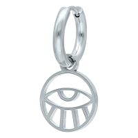 Silberne Ohrringe mit Auge-Motiv auf weißem Hintergrund