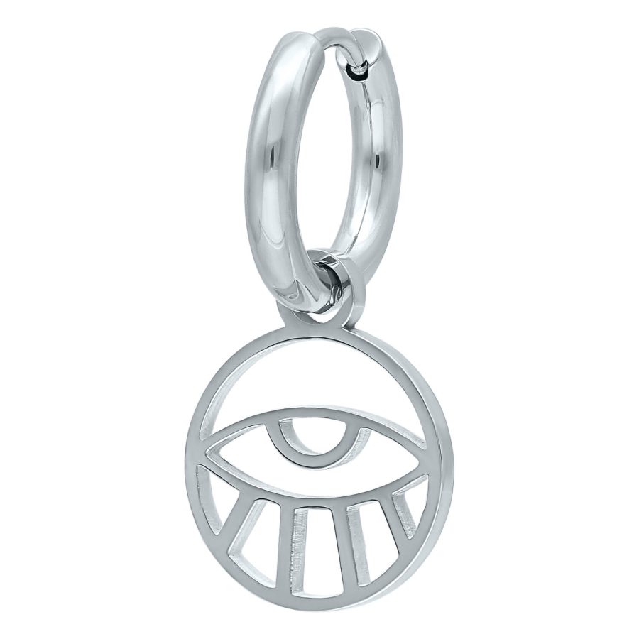 Silberne Ohrringe mit Auge-Motiv auf weißem Hintergrund