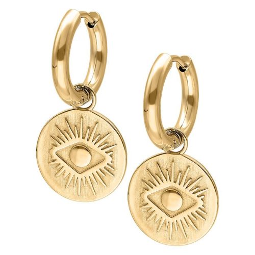 Goldene kleine Ohrringe mit Auge-Design, glänzende Oberfläche, weißer Hintergrund
