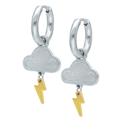 Silberne Ohrringe mit Wolkenanhänger und goldfarbenem Blitz auf weißem Hintergrund