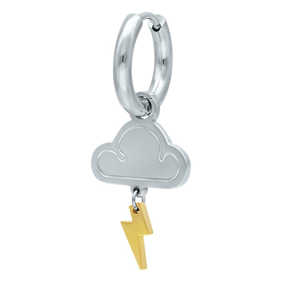 Silberner Hoop-Ohrring mit Wolkenanhänger und goldenem Blitz auf weißem Hintergrund