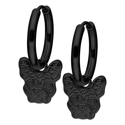 Schwarze Ohrringe in Form eines Bulldoggenkopfes vor weißem Hintergrund