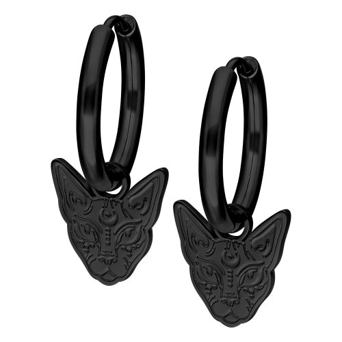 Schwarze Hoops mit Sphynx-Katzenmotiv auf weißem Hintergrund