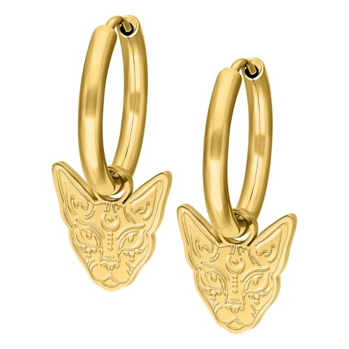 Goldene Little Sphynx Ohrringe mit Katzenkopf-Design auf weißem Hintergrund