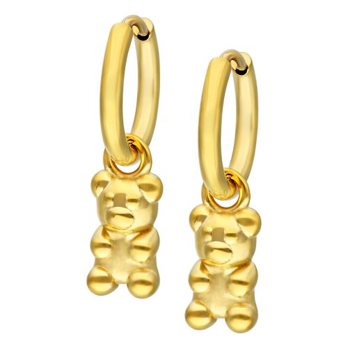 Zwei glänzende goldene Ohrringe mit Gummibär-Design auf weißem Hintergrund