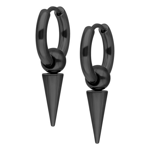 Schwarze Metall-Ohrringe mit langem Spike auf weißem Hintergrund