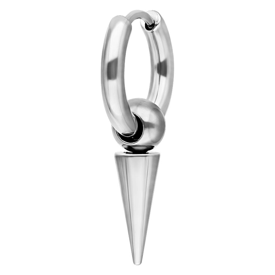 Silberne Hoop-Ohrringe mit langem Spike-Anhänger aus Chirurgenstahl auf weißem Hintergrund
