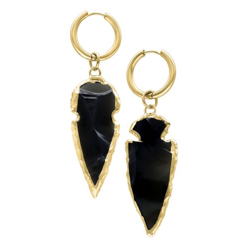 Goldene Mini Hoops mit schwarzem Obsidian-Anhänger vor weißem Hintergrund