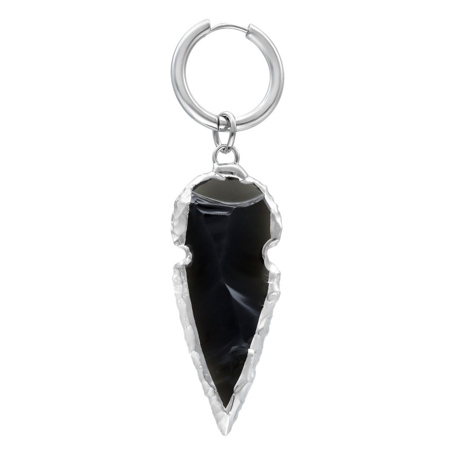 Silberne Mini Creolen mit schwarzem Obsidiananhänger auf weißem Hintergrund
