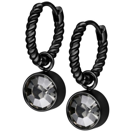 Schwarze gedrehte Creolen mit diamantschwarzem Kristall auf weißem Hintergrund