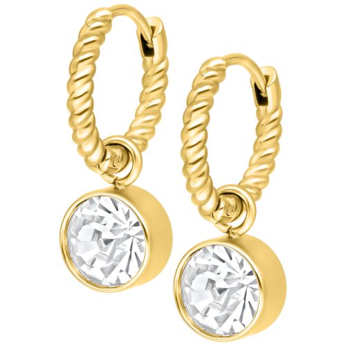Goldene Creolen mit Drehdesign und klaren Kristallen auf weißem Hintergrund