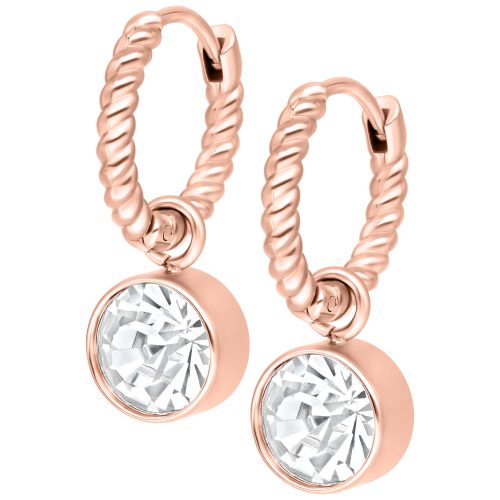 Roségoldene Ohrringe mit gedrehtem Design und klarem Kristall, auf weißem Hintergrund
