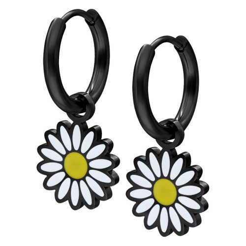 Schwarze Daisy Hoops Ohrringe aus Chirurgenstahl mit Gänseblümchen-Anhänger auf weißem Hintergrund